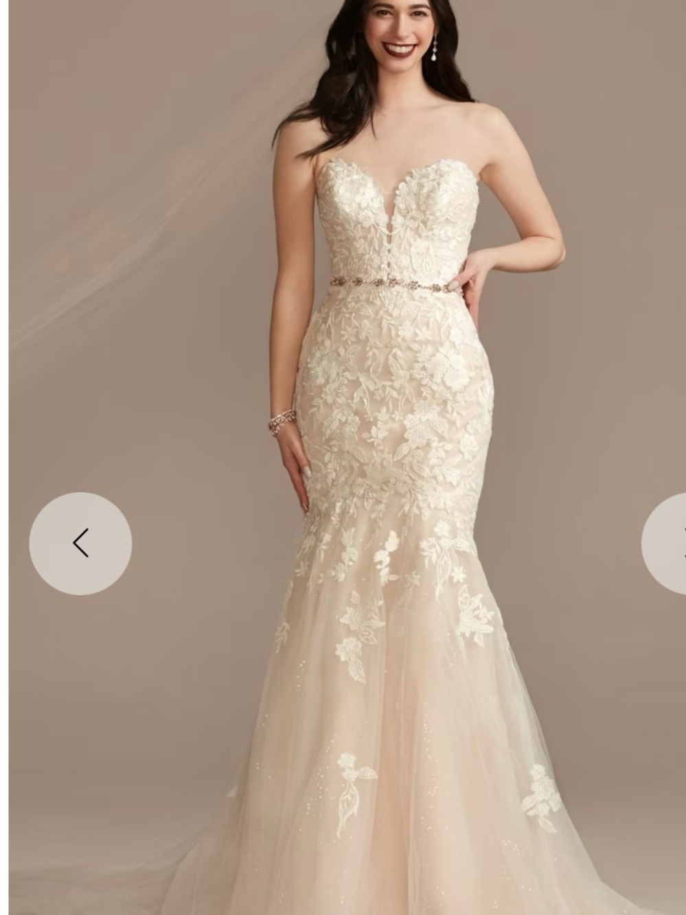 David's Bridal Strapless Lace Mermaid Gown in Blush